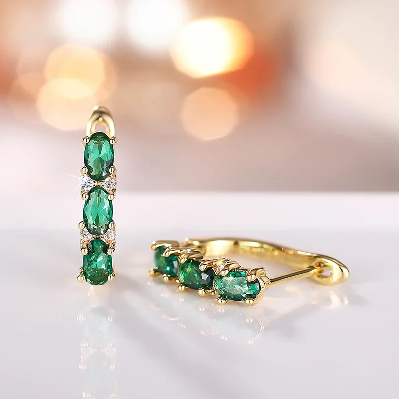 Huitan Fresh Shiny Green Cubic Zirconia Hoop Earrings for Women Newly Trendy Party Ear Accessories Daily Wearable Jewelry Gifts
