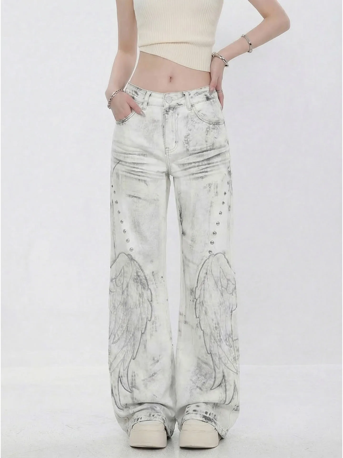American Retro Wing Patch Rivet Micro Flared Jeans Women's Punk Gothic Street New Clothing Casual Hip Hop High Waist Flared Jean
