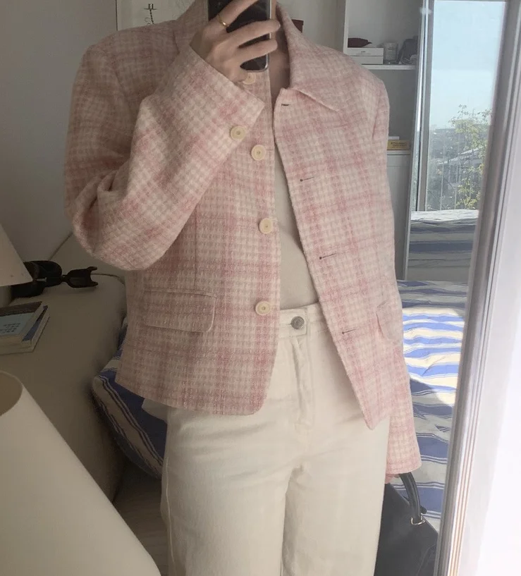 

LEROBE Ретро розовый твидовый свободный лацкан Little Bla Dr Sle Верхняя одежда Женское осенне-зимнее пальто Тепловая функция