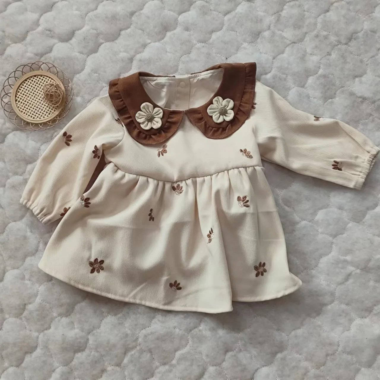 Newborn Baby Girl Romper Dress Frill Doll Collar Infant Toddler Flower Embroidery Longsleeve Jumpsuit Loose Baby Clothes 3-24M