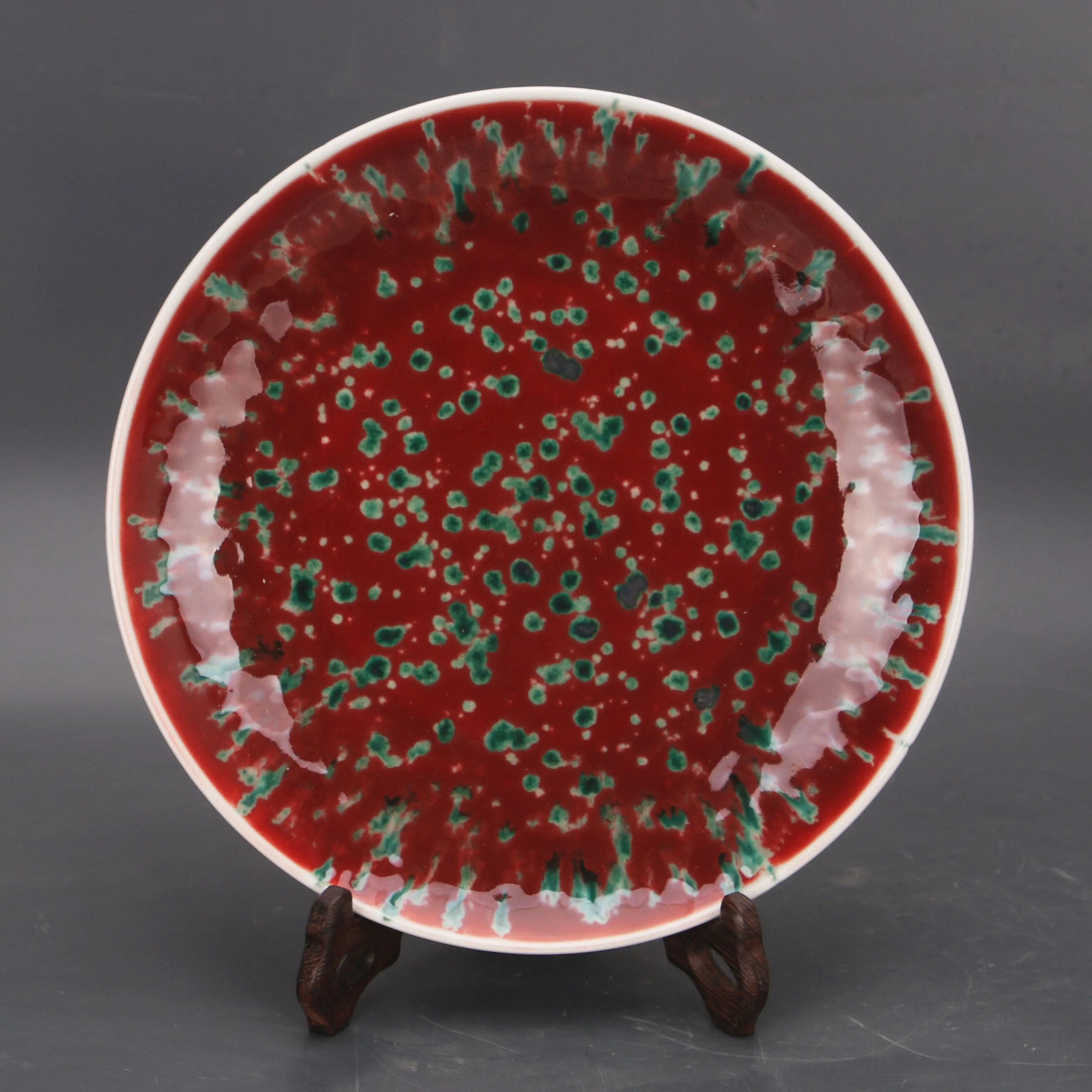Handmade Chinese Qing Yongzheng Style Peachbloom Sacrificial Red Starry Sky Glaze Porcelain Plate Vintage Home Decor Gift