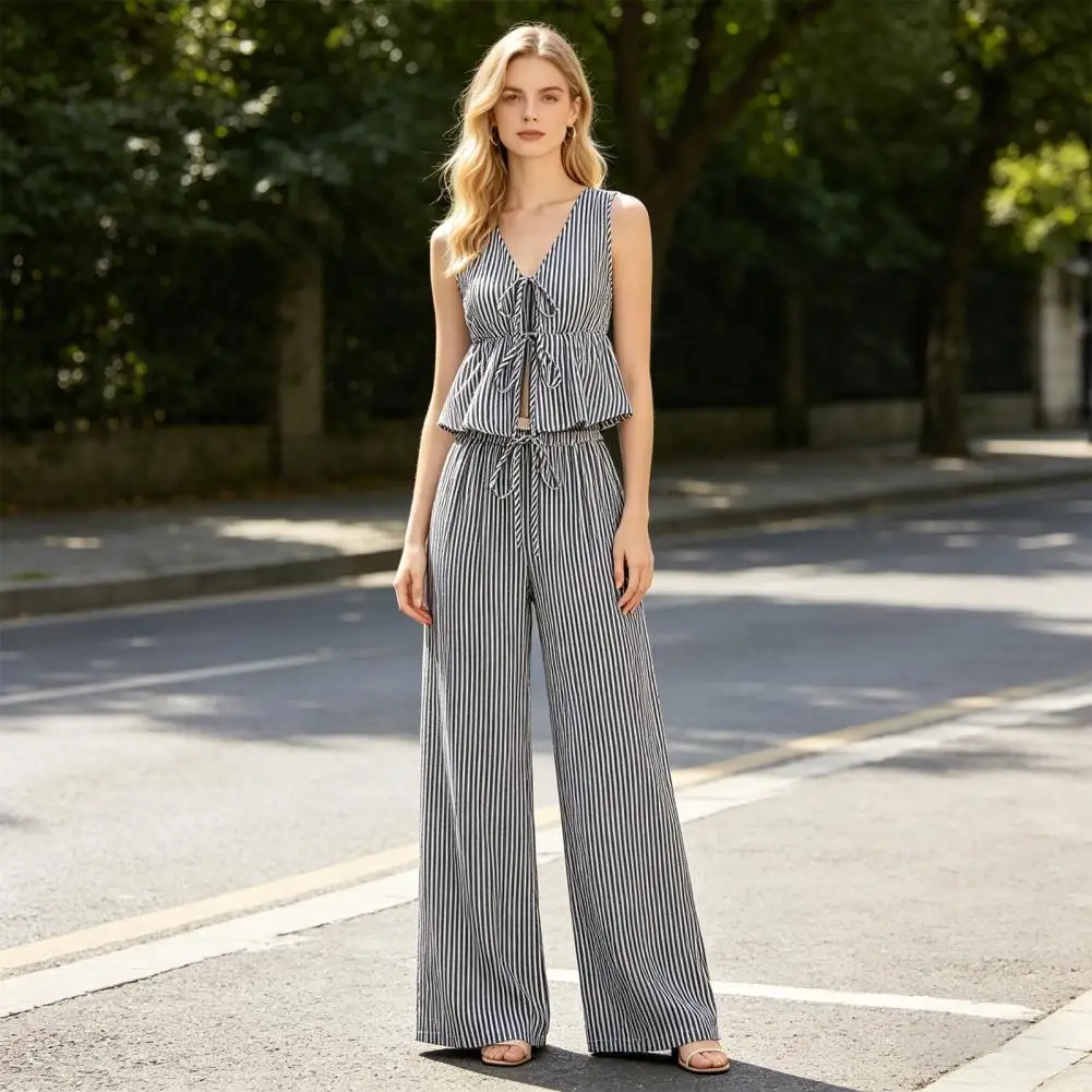 Women Two-piece Suit Tie Front Top And Wide Leg Pants Sets Lounge Set Polyester Summer Casual Sleeveless Lounge Outfit