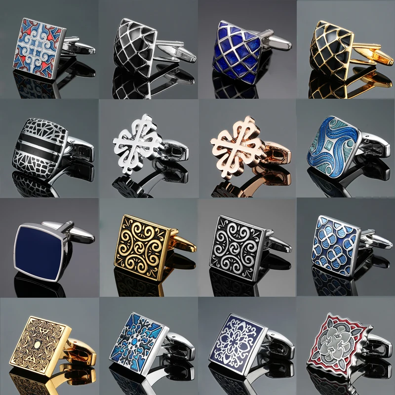 Men\'s French shirt cufflinks copper material square enamel polishing  grid retro pattern fashionable brand French cuffbutton