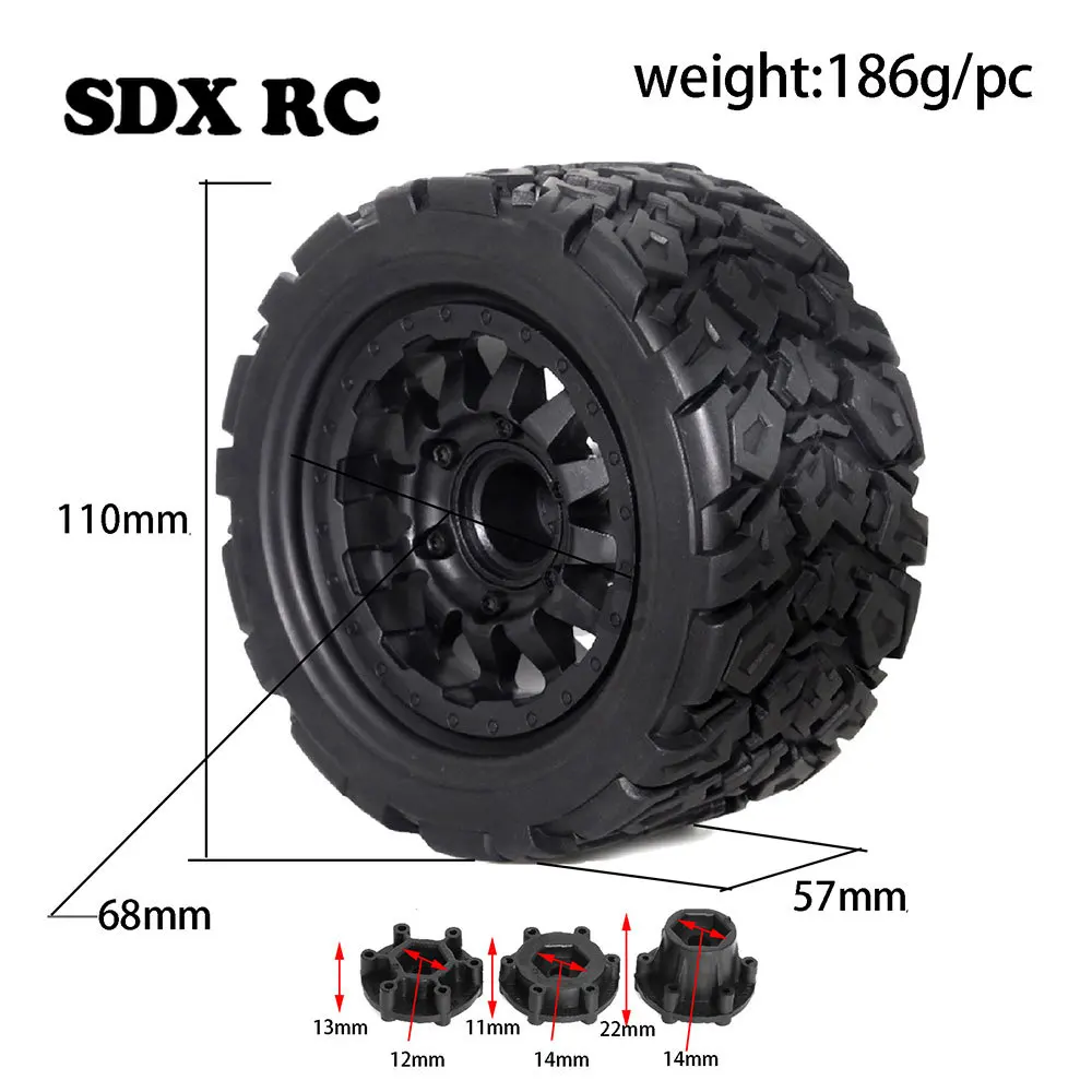 4pcs 110mm 1/10 Monster Stunt Truck Tire 12mm and 14mm Hex for TRAXXAS MAXX ARRMA Granite KRATON Outcast Tamiya Losi Redcat