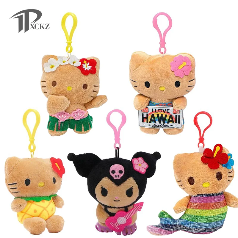 

Sanrio Hello Kitty Kuromi Plush Dolls Filled Keychain Dark Skin Hawaiian Series Anime Cartoon Plush Toys Bag Pendant Charms