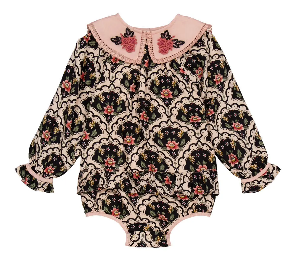 Baby Girls Vintage Floral Bodysuit 3D Rose Embroidery Peter Pan Collar Long Sleeve Ruffle Cuff Newborn Infant Back Snap Romper