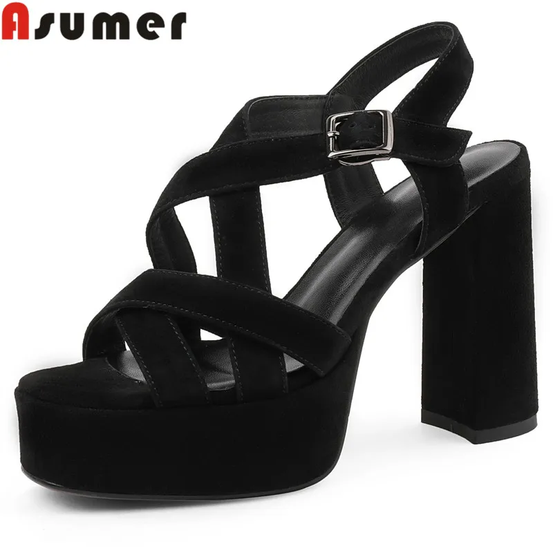 

ASUMER 2022 New Simple Genuine Leather Women Sandals Super High Heels Platform Shoes Summer Solid Ladies Party Shoes