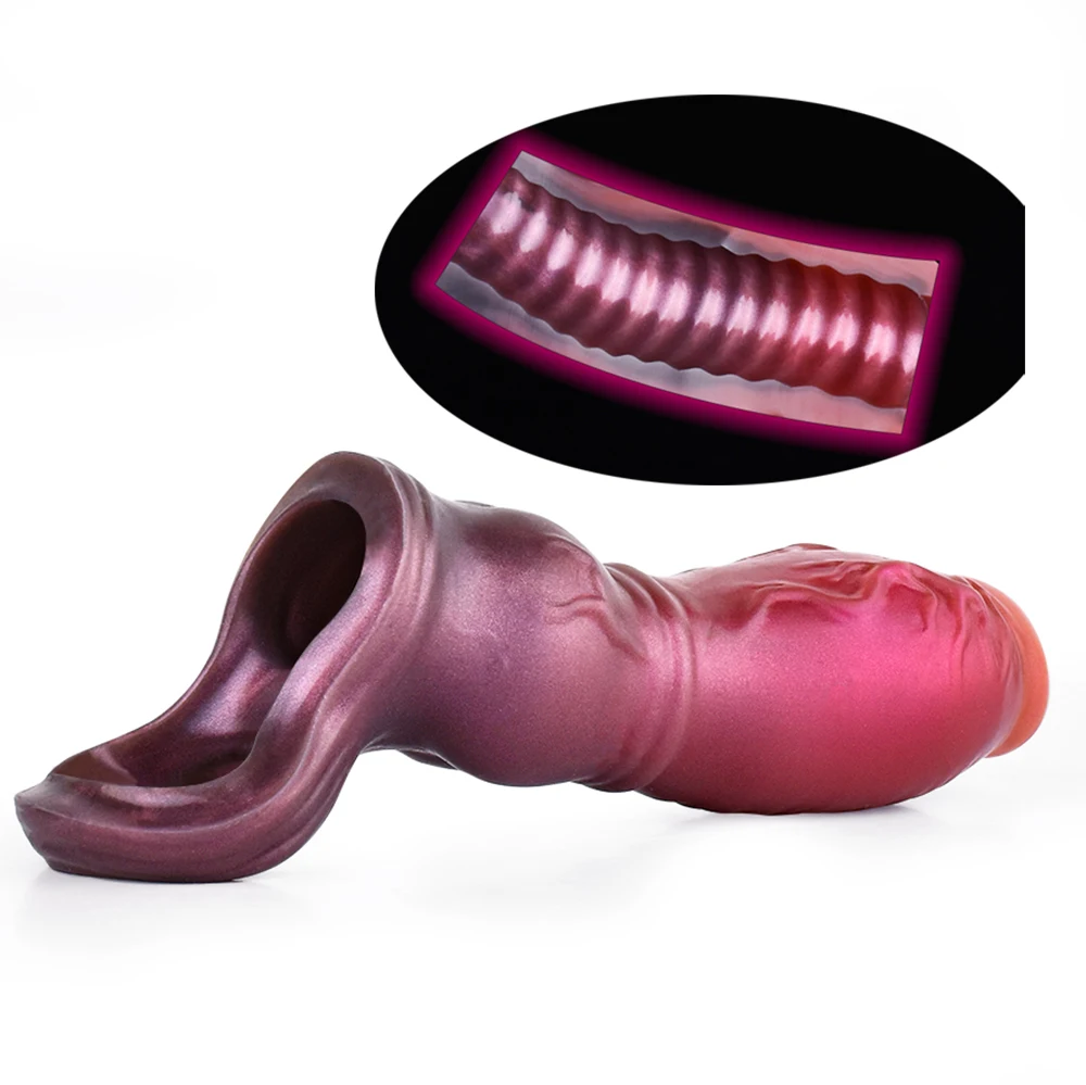 FAAK Silicone Dog Knot Penis Sleeve Sex Toys For Men Open-ended Fantasy Dildo Sheath With Anti-drop Ring Male Masturbator