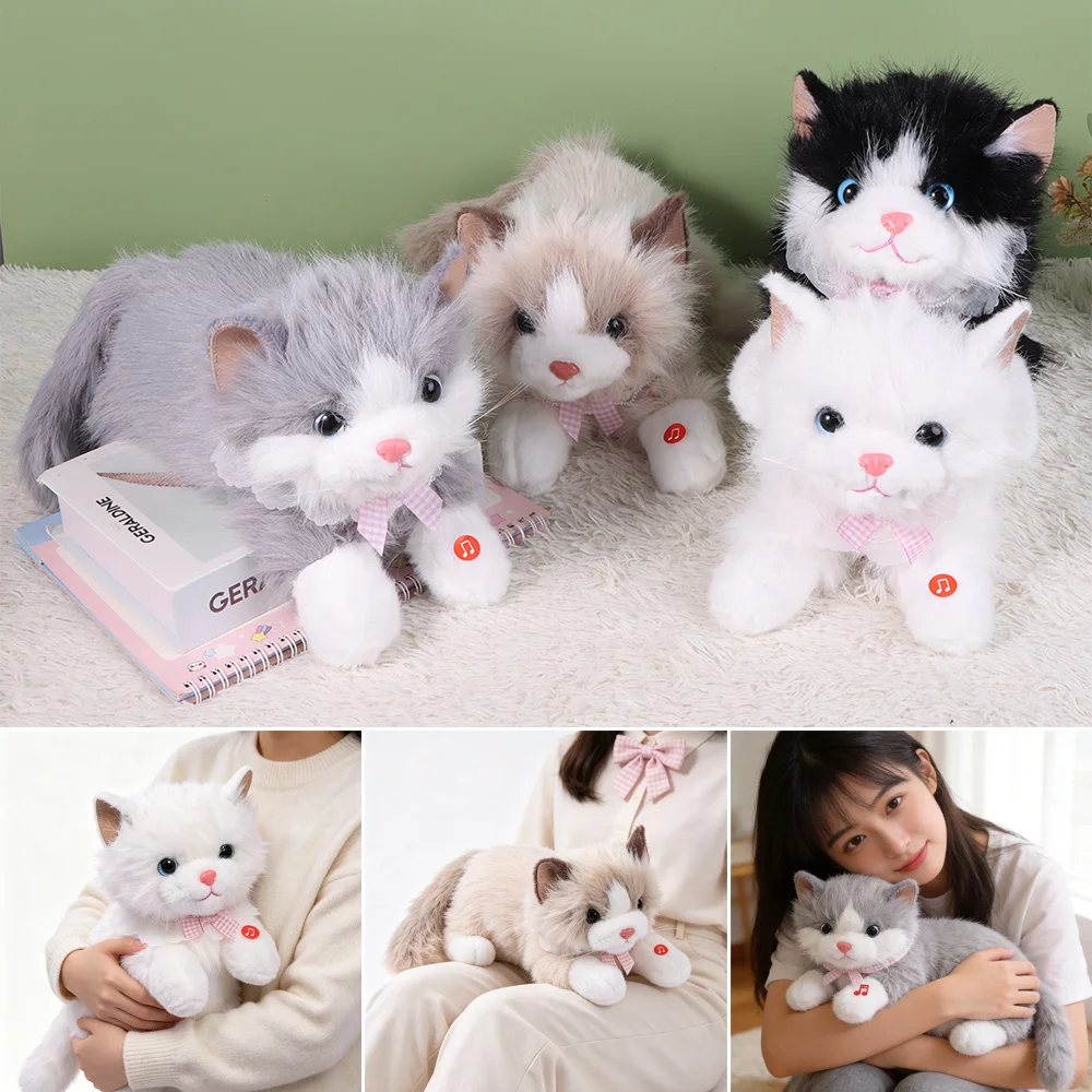 New Soft Simulation Cat Plush Toys Fluffy With Bib Realistic Cat Doll Cute Cartoon Voiced Simulated Kitten Model Home Decor