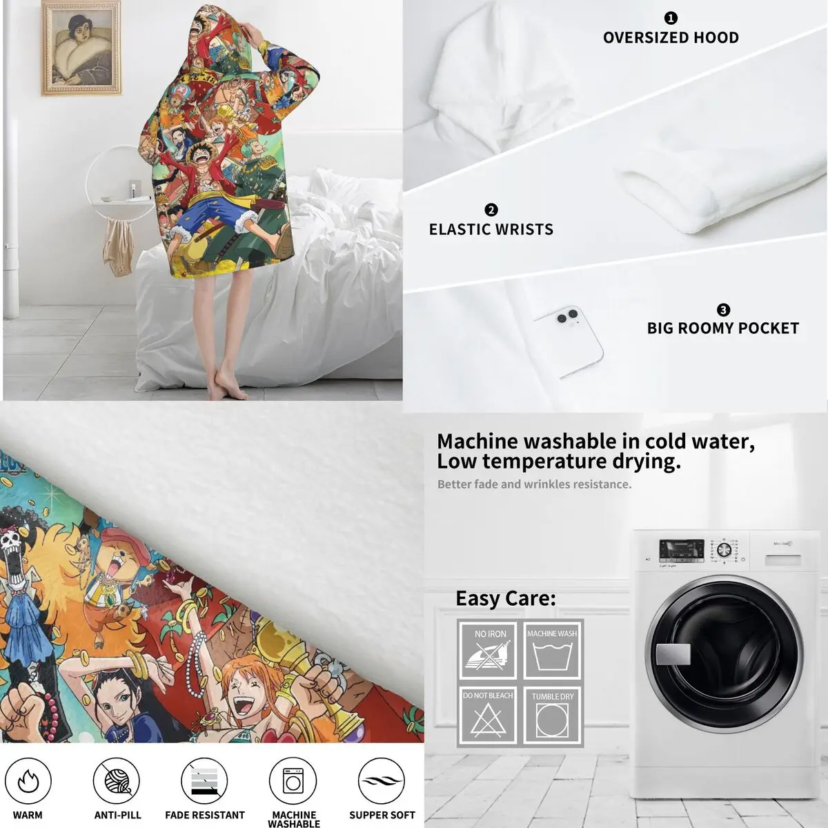 لوفي زورو توني تشوبر أنيمي بطانية كبيرة الحجم هوديي البلوز طويل الصوف مقنعين بطانية يمكن ارتداؤها مع جيب كبير #6