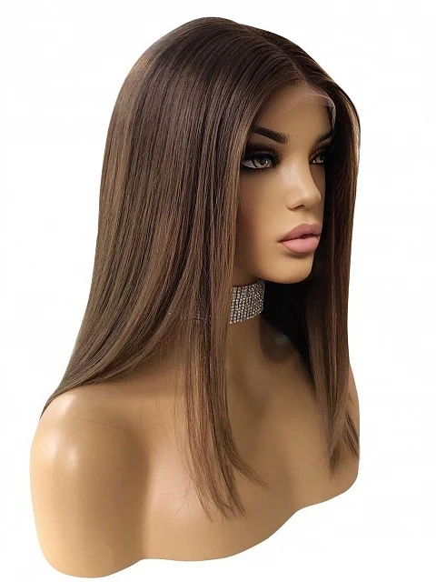 New In 16 Inch Ombre Chestnut Brown Highlights Natural Straight Bob Realistic Look Natural Hairline High Temperature Silk Wigs