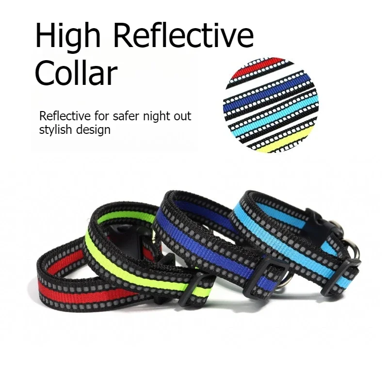 Pet Dog Collar Double D Ring Reflective Nylon Adjustable For Small Medium Dogs Universal