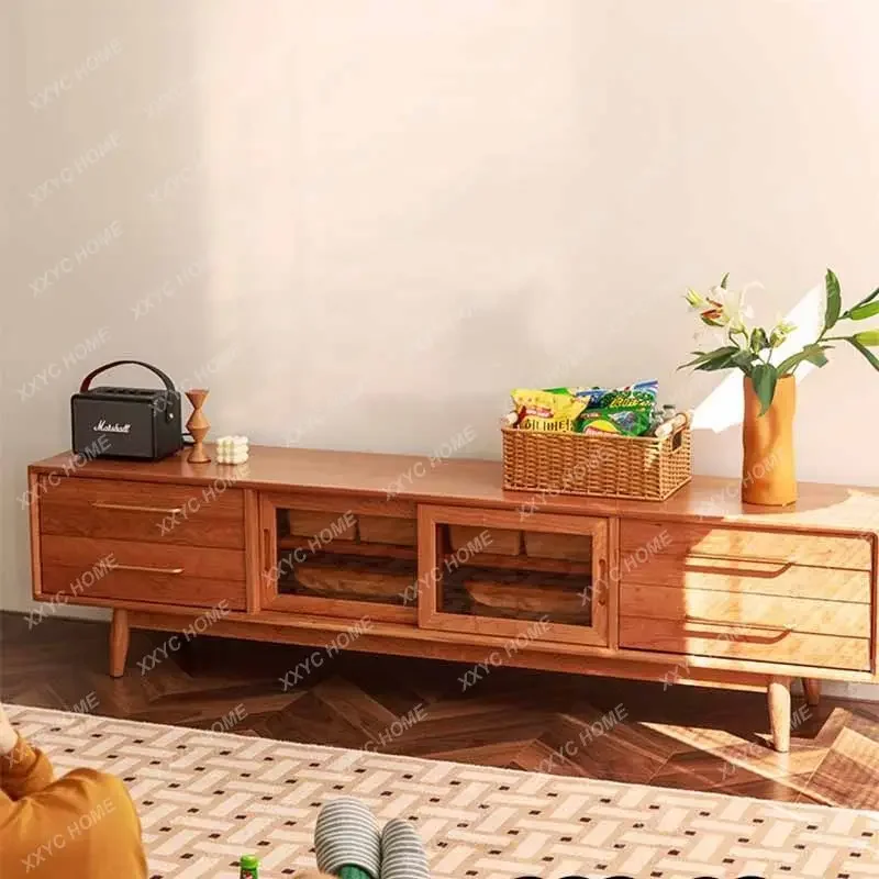 

Cherry Wood Solid Wood TV Cabinet Black Walnut Modern Minimalist Storage Living Room Floor Cabinet