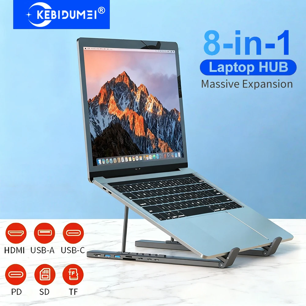 

Док-станция 8-в-1 USB C Кронштейн для планшета Док-станция Держатель для ноутбука из алюминиевого сплава Адаптер TYPE-C к HDMI USB-разветвитель