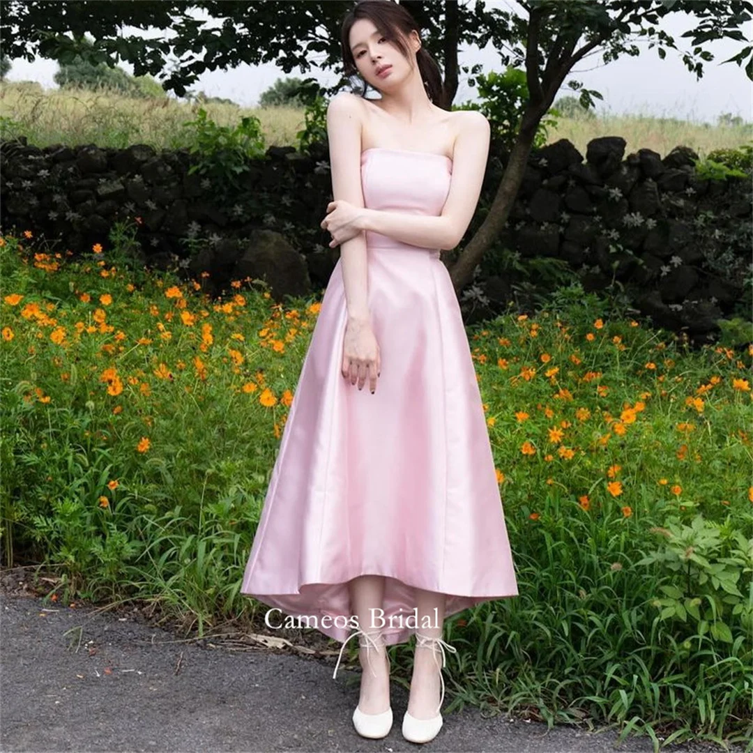 SONDR Strapless Birthday Korea Evening Dress Customized Satin Hi-lo Formal Prom Dress Simple A-Line Pink Evening Gown Bridal