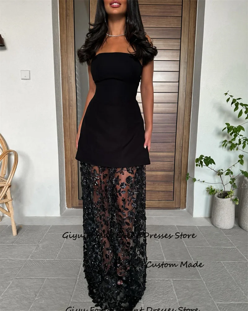 Giyu Black Formal Evening Dresses Dubai Arabic Women Strapless Lace Skirt Floor Length Prom Gowns Formal Party Dress Customized