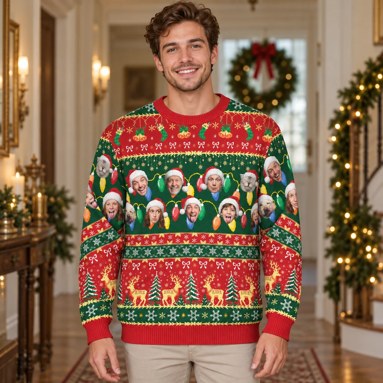 DIY Custom Face Photo Holiday Sweaters for Men Women Ugly Christmas Sweater with Personal Photos and Festive All Over Prints