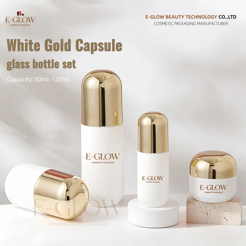 【Logotipo personalizado】1 unidad de juego de cosméticos de lujo en forma de cápsula, de vidrio esmerilado blanco, tarro de crema facial de 50 g, botella de crema/loción de 100 ml