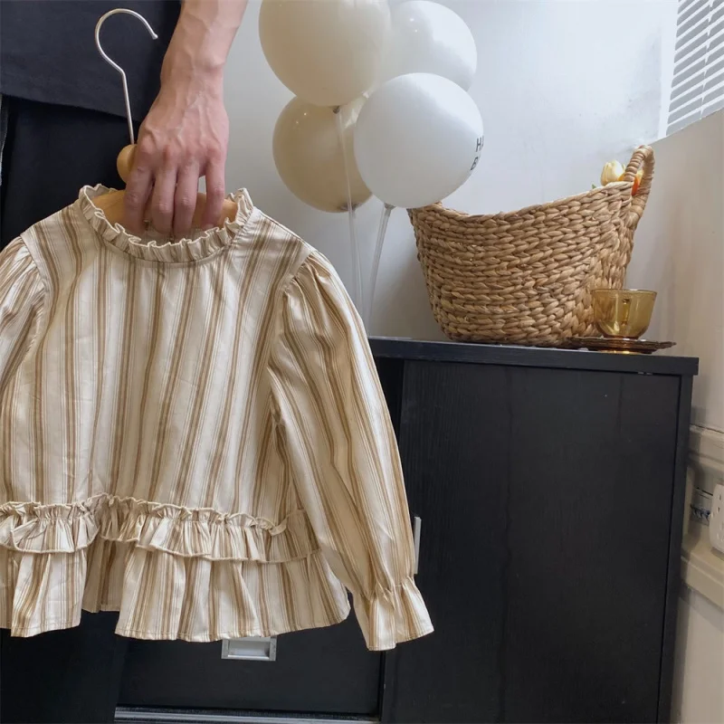 

Beishang Children's Clothing Spring and Autumn Girls' Shirt Forest Style Baby Girl Striped Shirt Ruched Hem Pastoral Style Top