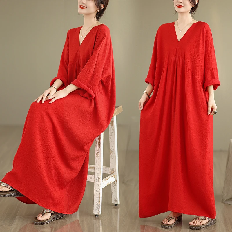 

Slimming Large Size Long Sleeve V-Neck Red Silk-Mimicking Loose Women's Dress Spring Autumn Fashionable Business Casual Gown