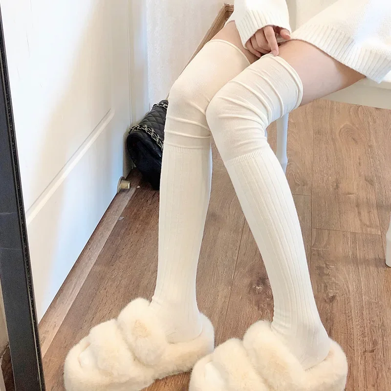 Socks Woman Winter Thick Solid Color Lolita Cute JK Thigh High Stockings Black White Long Socks for Women Fashion Medias