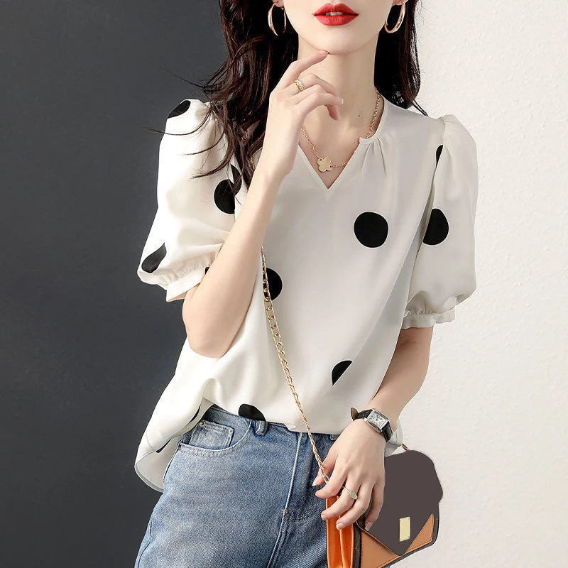 Women\'s Summer Fashion Elegant V Neck Polka Dot Print Short Sleeve Shirt Casual Sweet Cute Chic Blouse Tops Female Clothing 2022