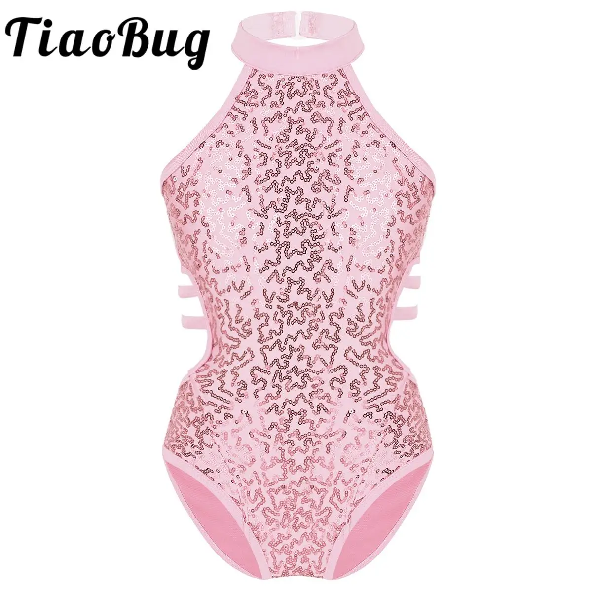 Kids Girls Sparkly Sequins Ballet Dance Leotards Sleeveless Cutouts Back Strappy Waist Gymnastics Jumpsuit Performance Dancewear