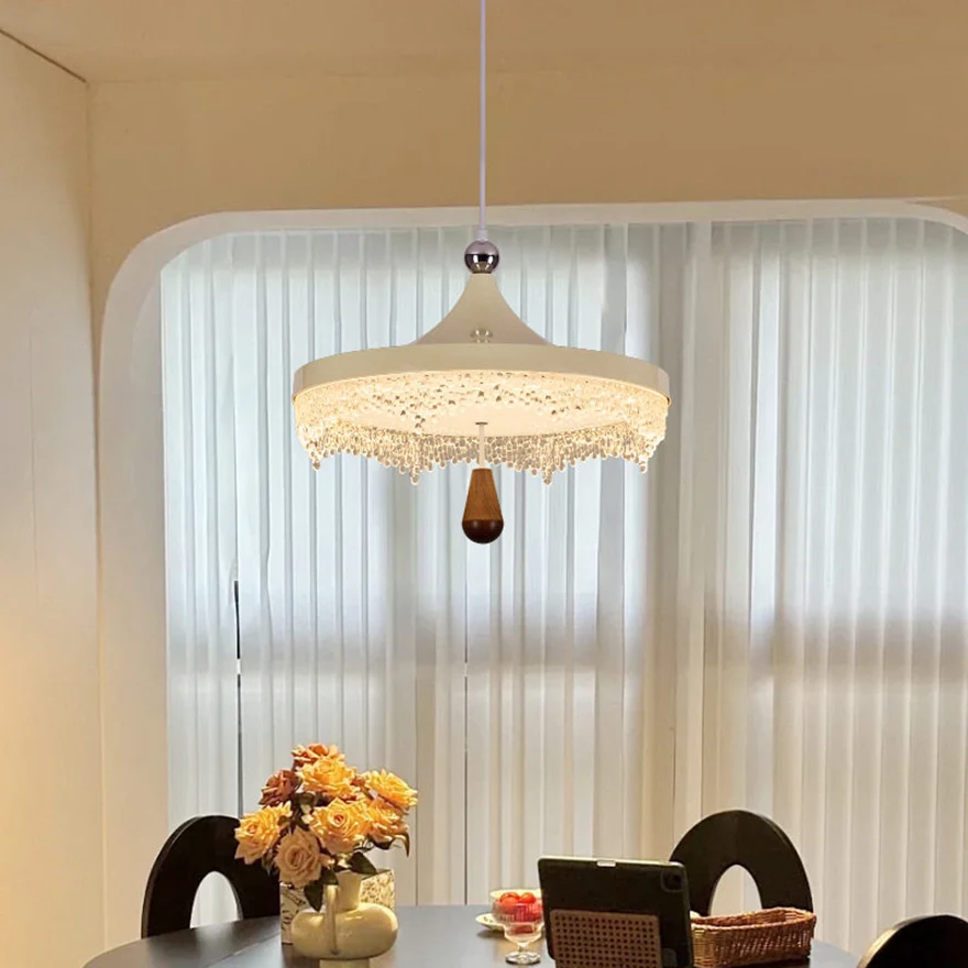 French Cream 3-Light Water Drop Linear Pendant Light, Vintage Mid-Century Ambient Lamp