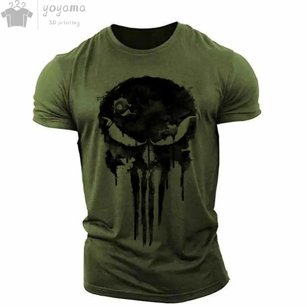 Men's T-shirt 3d printed military patriotic skull O-neck T-shirt, oversized T-shirt, short-sleeved T-shirt, men's sportswear top