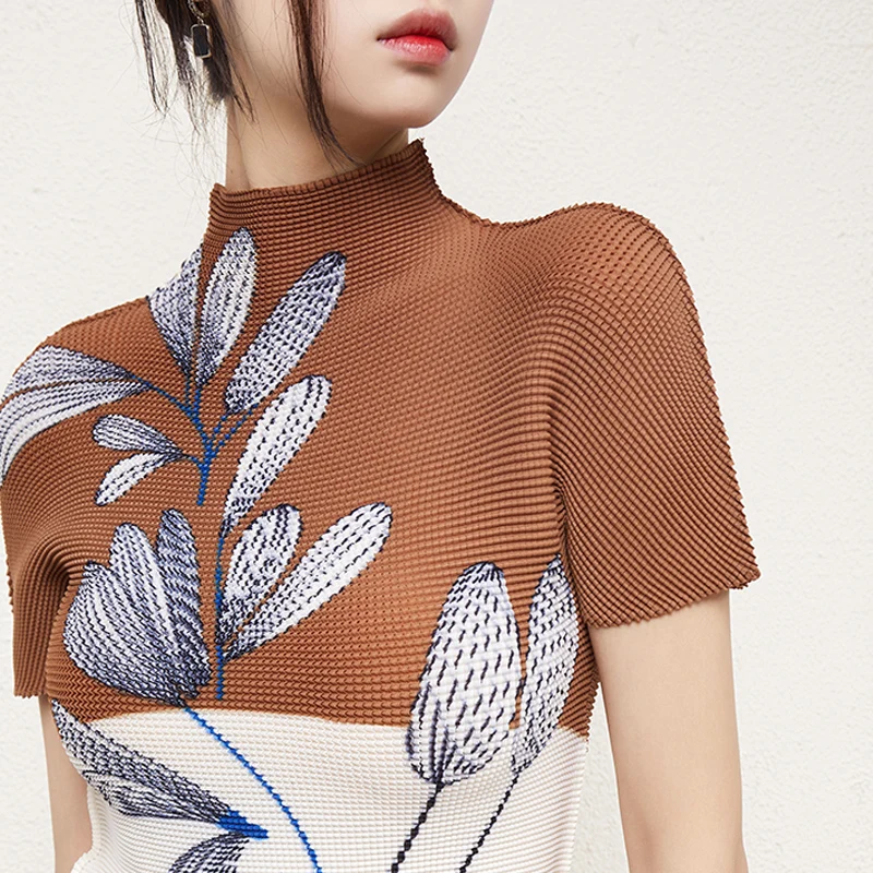 2025 الصيف موضة الطباعة مطوي مجموعة المرأة سليم الياقة المدورة تي شيرت بلوزات وتنورة طويلة قطعتين مجموعات #5