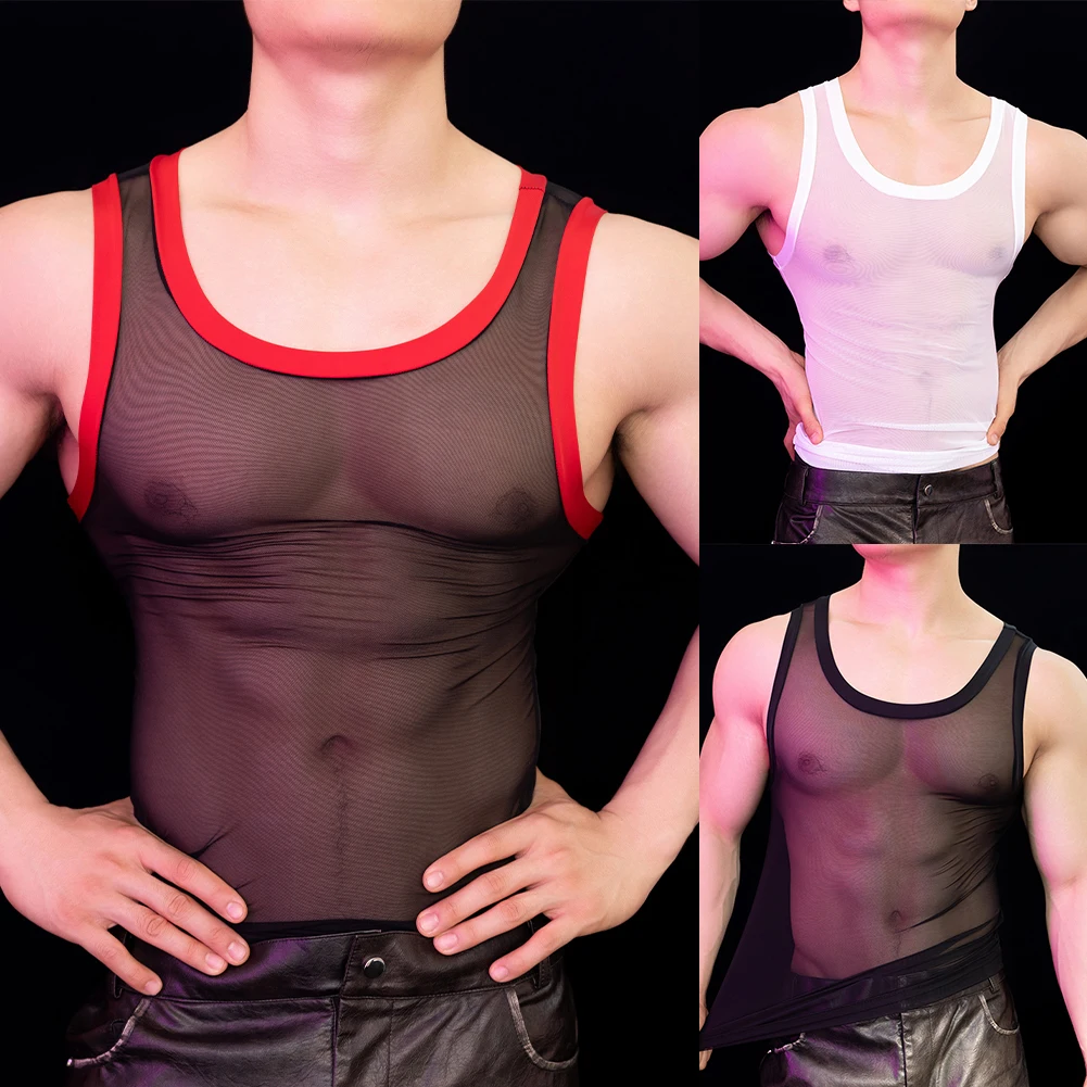 Nightclubs Party Mens See-through Mesh T Shirt Mens Bodybuilding Shirt Four Seasons Nylon Fabric Regular Length