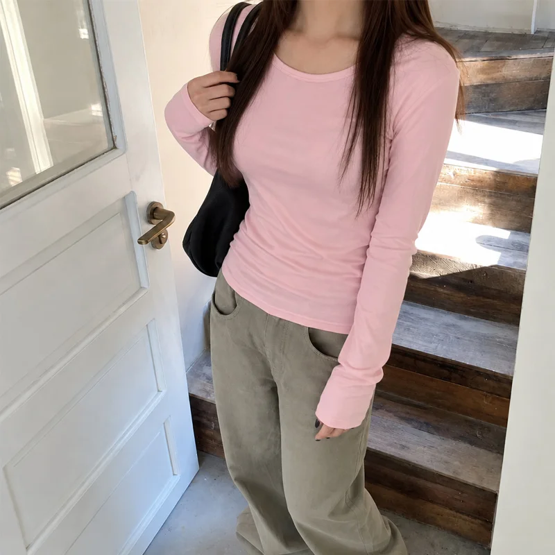 Spring Autumn Women Korean Chic Daily Cream Solid Crew Neck Thumb Hole Fitted Long Sleeve Basic T-Shirt