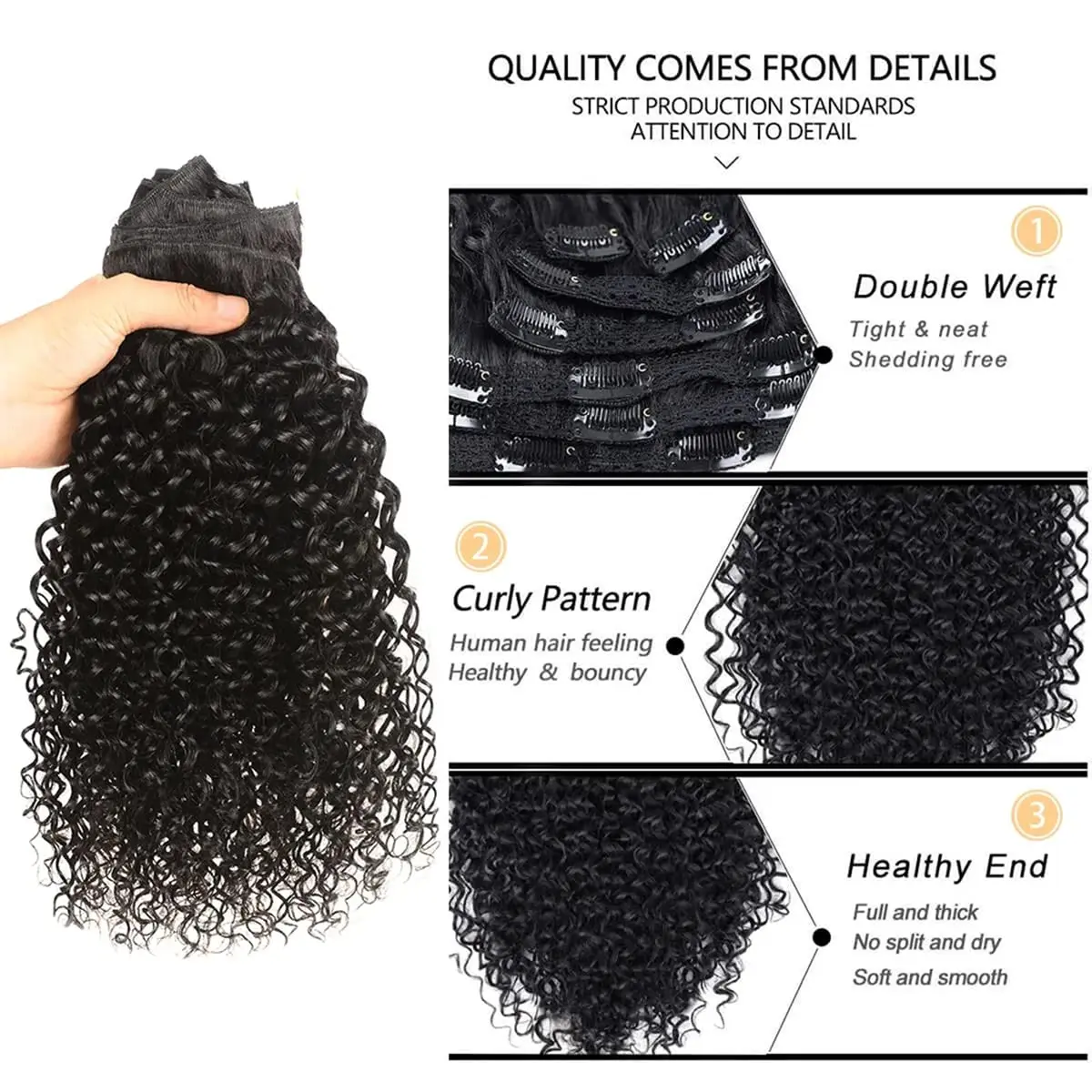 Real Kinky Curly Clip-in Extensões de Cabelo para Mulheres, Cabelo Remy Brasileiro, Cabelo Humano, Grampo no Cabelo, 24in, # 1B