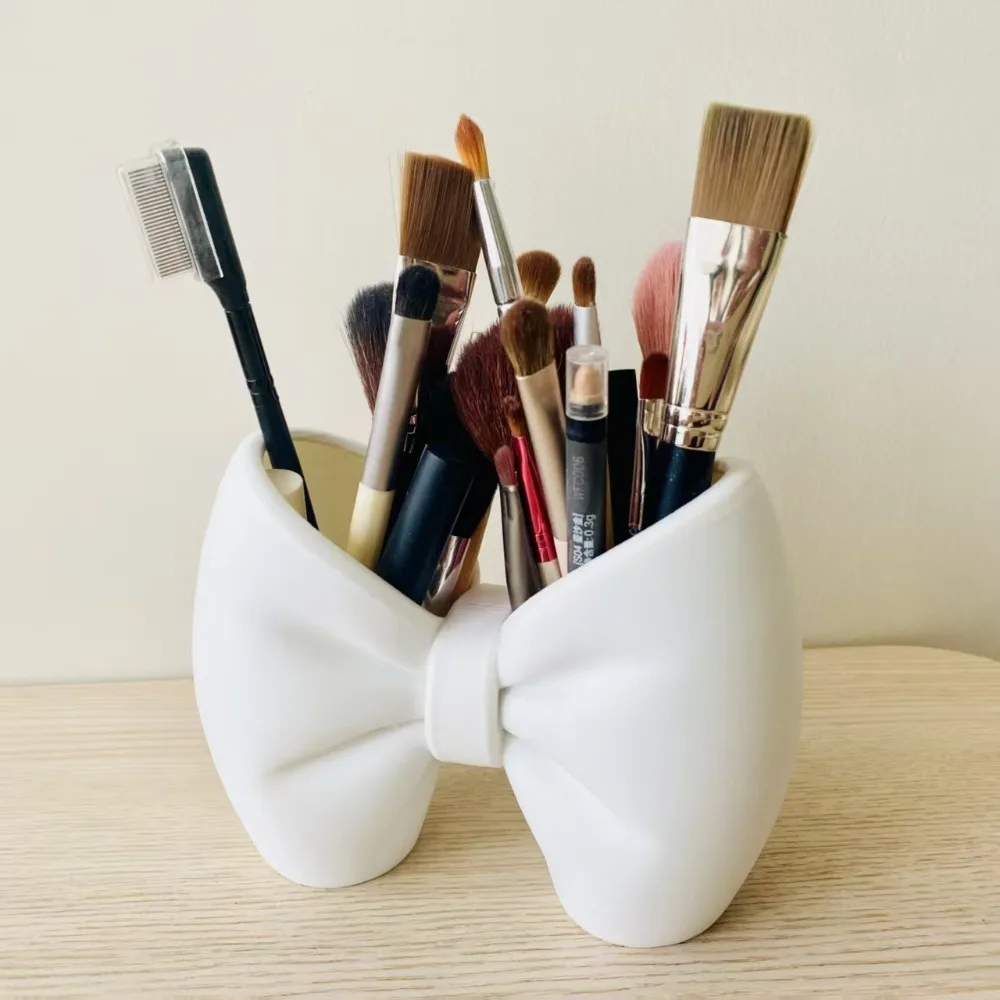 3D Cute Bowknot Makeup Brush Holder Desktop Organizer Pen Holder for Vanity, Office, Bathroom Decor Makeup Brush Storage Box