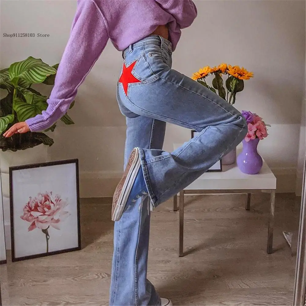 Women Spring Personality Buttocks Star Patchwork Casual Denim Flare Pants Trousers High Waist Flared Jeans