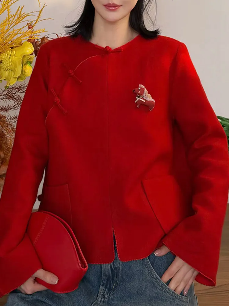 

Loose Fit round Ne irt Women's Faionable Traditional Chinese Sle Button up Slimming Versatile Winter New Arrival Top