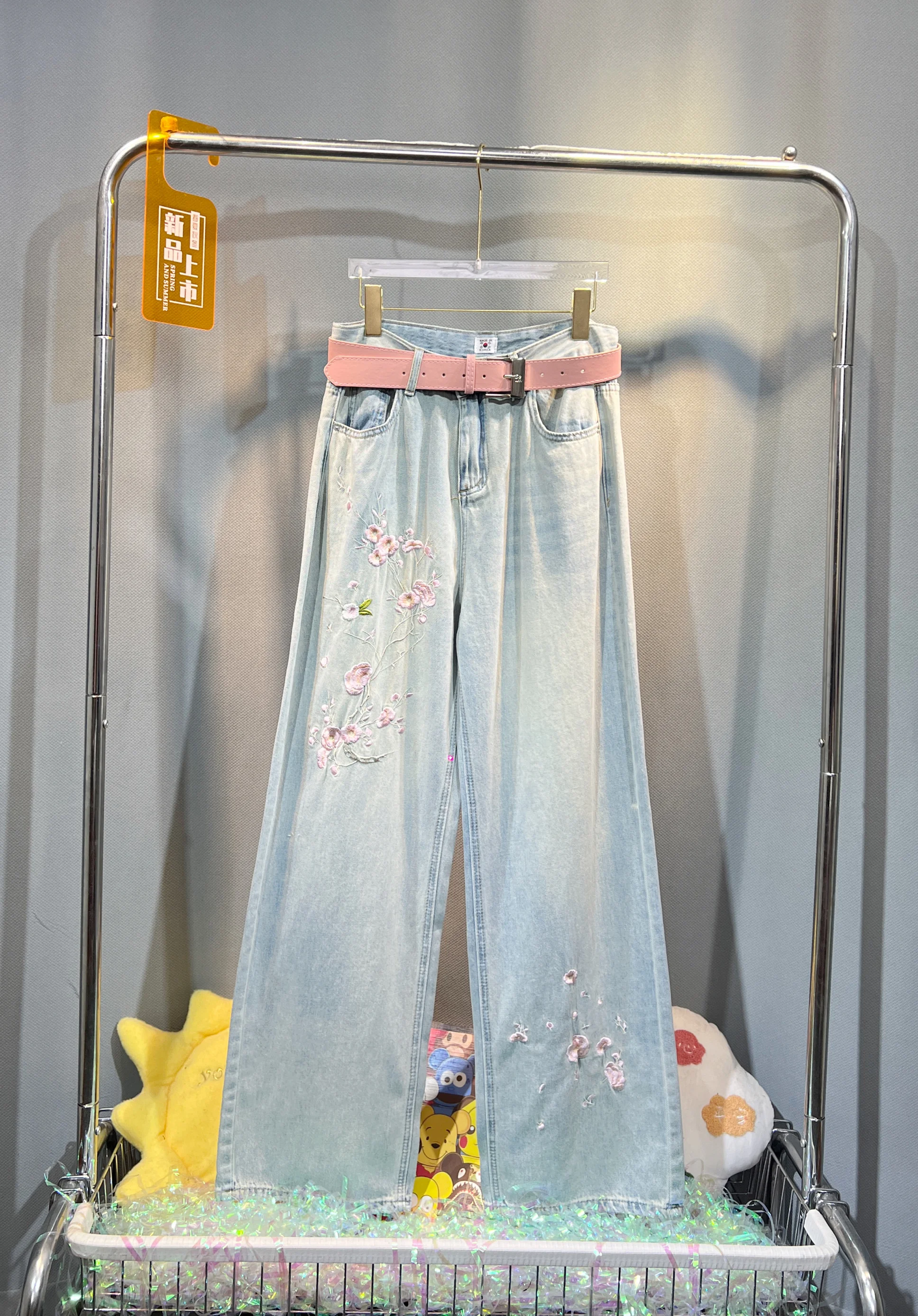 2024 New Spring Summer Flower Embroidery Women Denim Pants All-match Loose Wide Leg Jeans Mopping Floor Casual Long Trousers