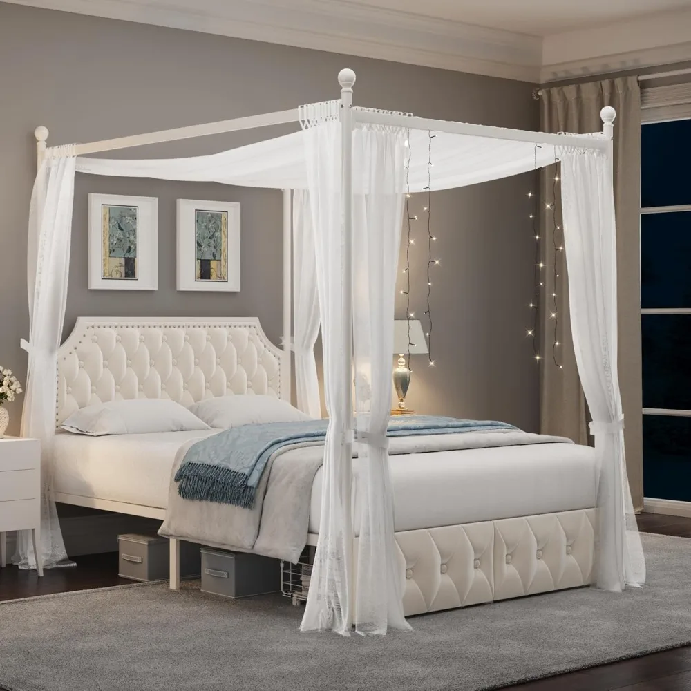 

Upholstered Canopy Bed Frame with 2 Drawers and Button Tufted Headboard, Metal Platform Bed with 4 Removable Posts