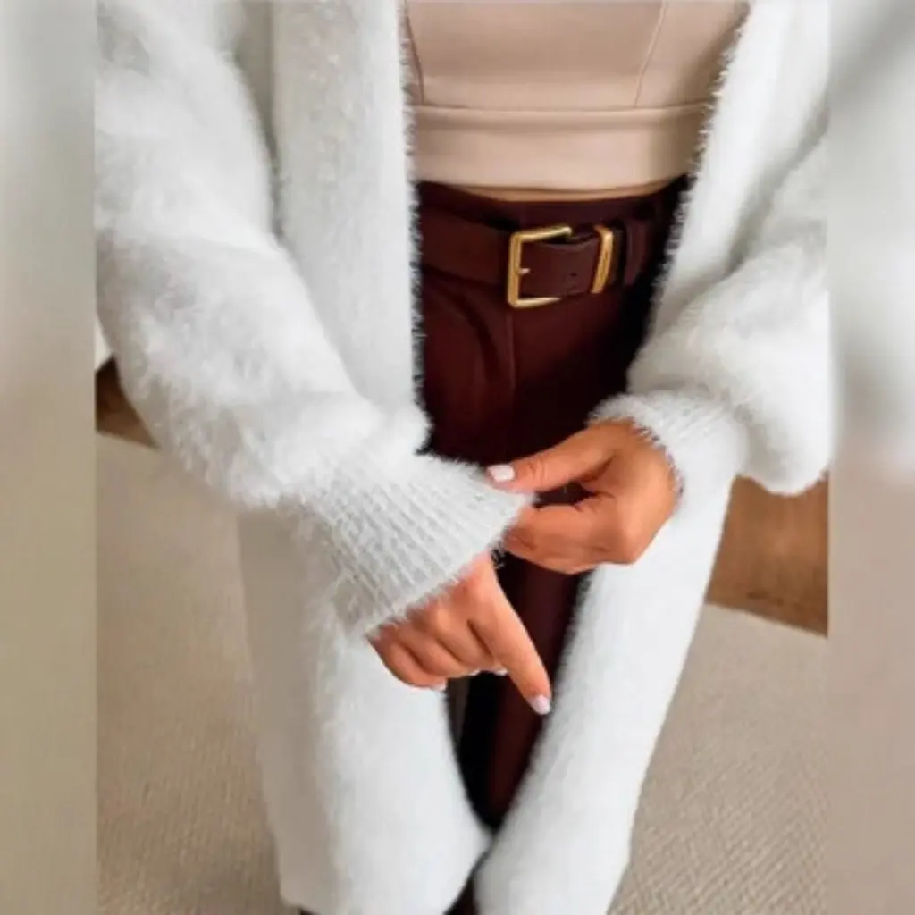 

Высокий женский длинный открытый кардиган, свитер, зимний белый лисьий мех, имитация верхней одежды, модное пальто в ленивом стиле для женщин