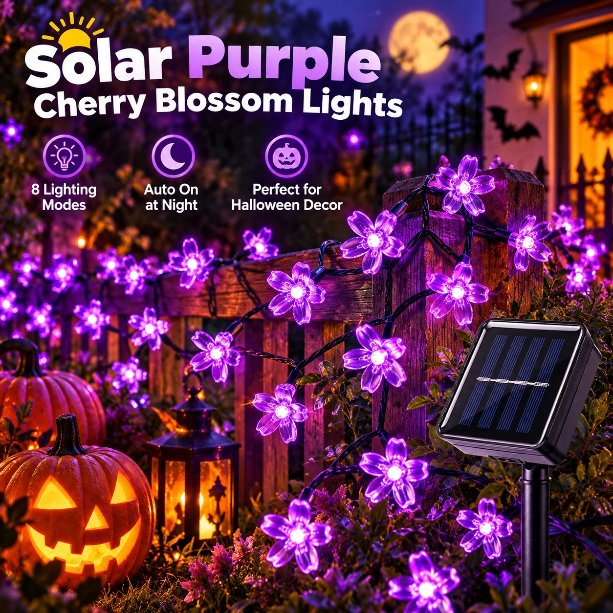Halloween Garden Lights Solar Cherry Blossom String Lights 20/50/100 LED 8 Modes Auto On for Tree Yard Patio Party Spooky Decor