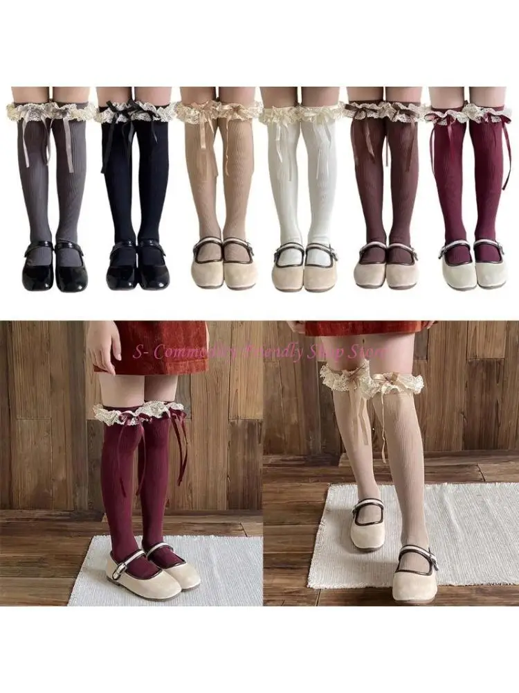 

85AE Leg Warmer Long Bowknot Socks for Girl 3-13 Year Breathable Socks Calf Socks Over Knee Stockings