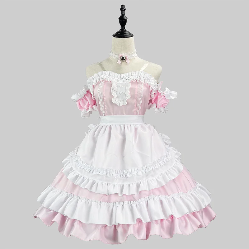 White Pink Lolita Dress Anime Cosplay Classical Sweet Style Kawaii Role Play Costumes Restaurant Waitress Uniform Slash Neck