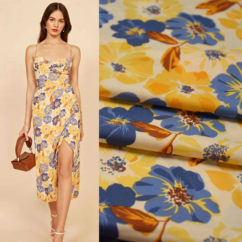 Chiffon fabric with large flower print, high quality, retro, yellow, blue, for spring and summer dress, cheongsam, t2005