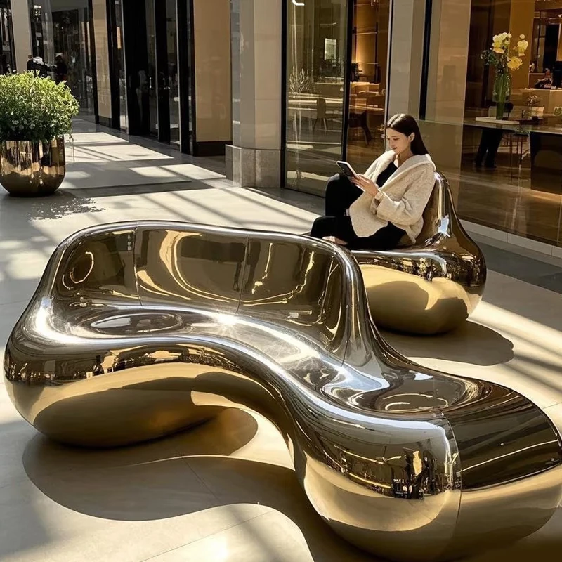 Customized commercial building stainless steel metal bench art sculpture special-shaped mirror polishing