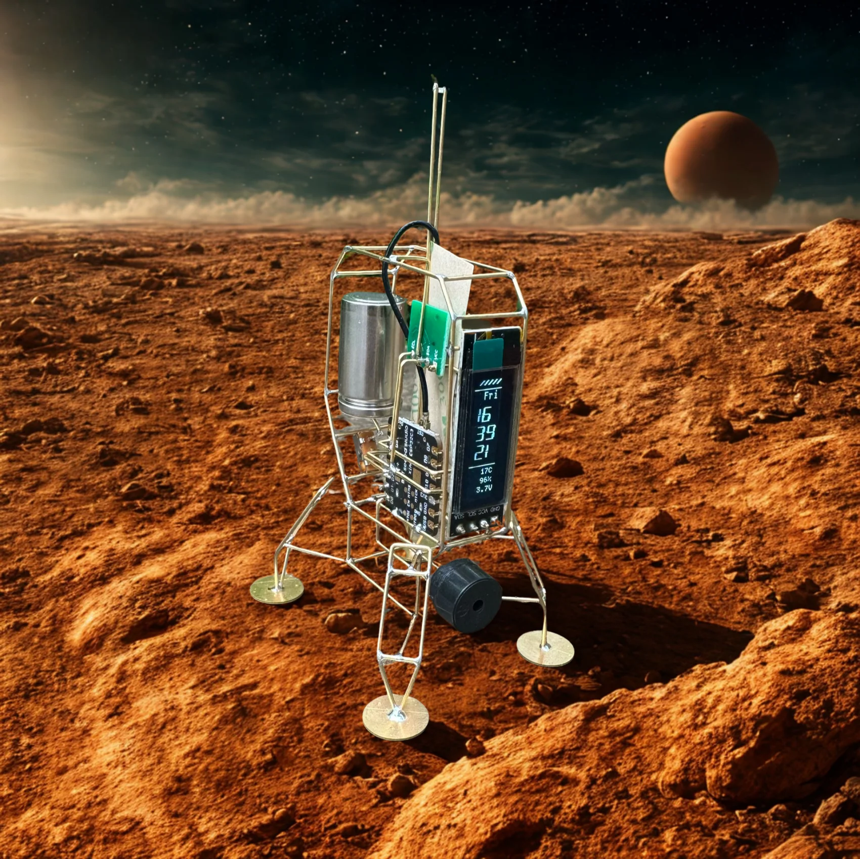 ของตกแต่งโต๊ะทำงาน DIY ของขวัญตกแต่งโต๊ะทำงาน นาฬิกาตั้งโต๊ะ WIFI รูปทรงยานลงจอดบนดาวมาร์ส ทำมือ