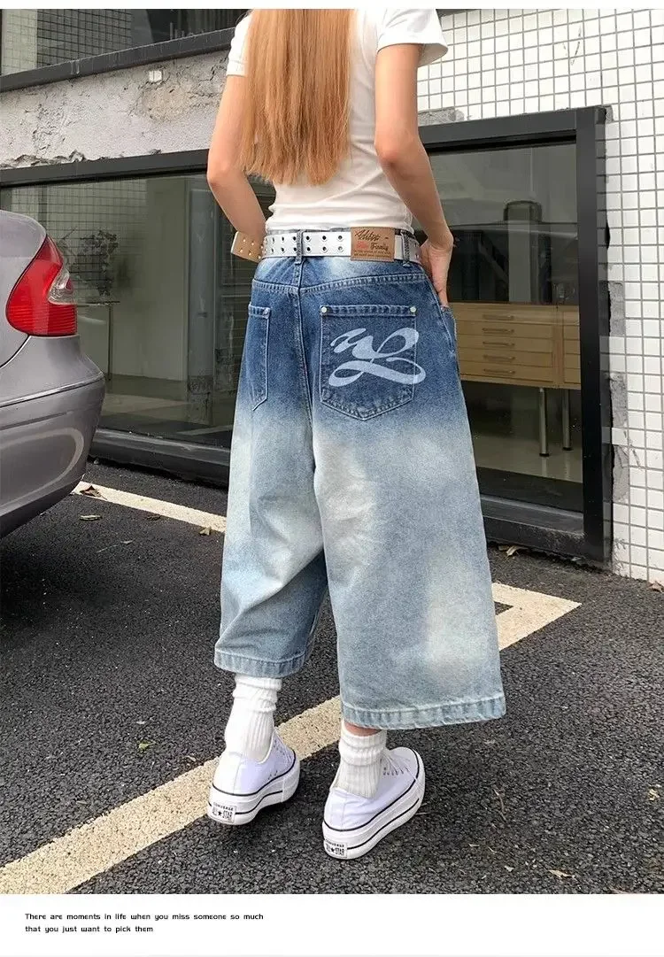 

Американские ретро-отверстия с градиентом, широкие синие рваные джинсы, женские летние джинсовые шорты с высокой талией 209, унисекс, капри, свободные брюки