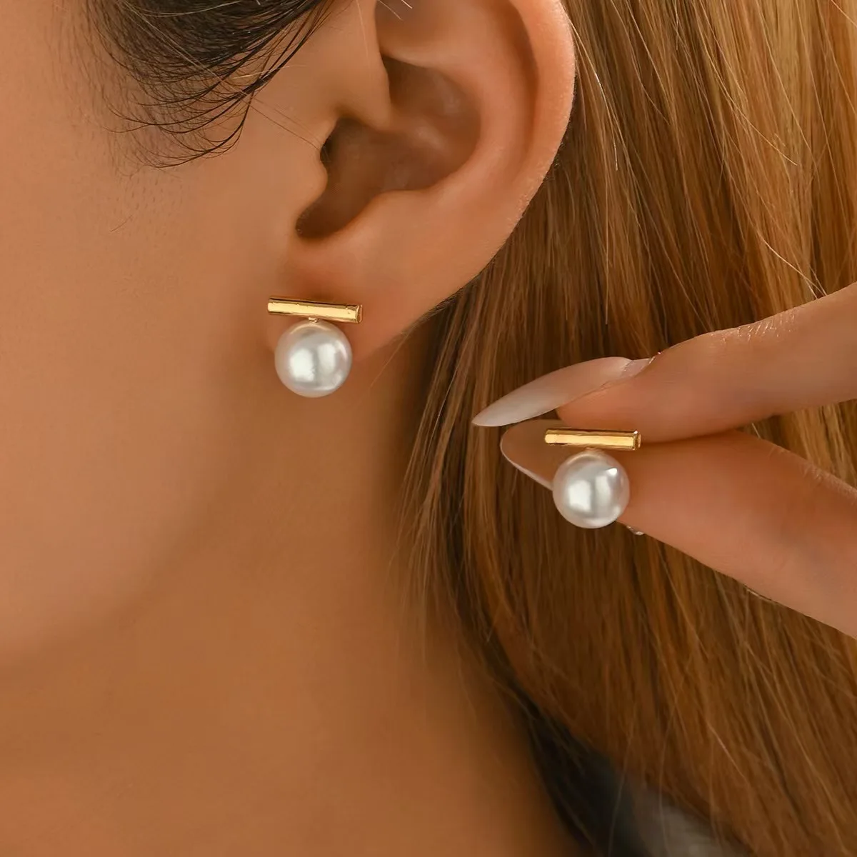 Simple pearl-inspired earrings, golden alloy women's fashion jewelry accessory