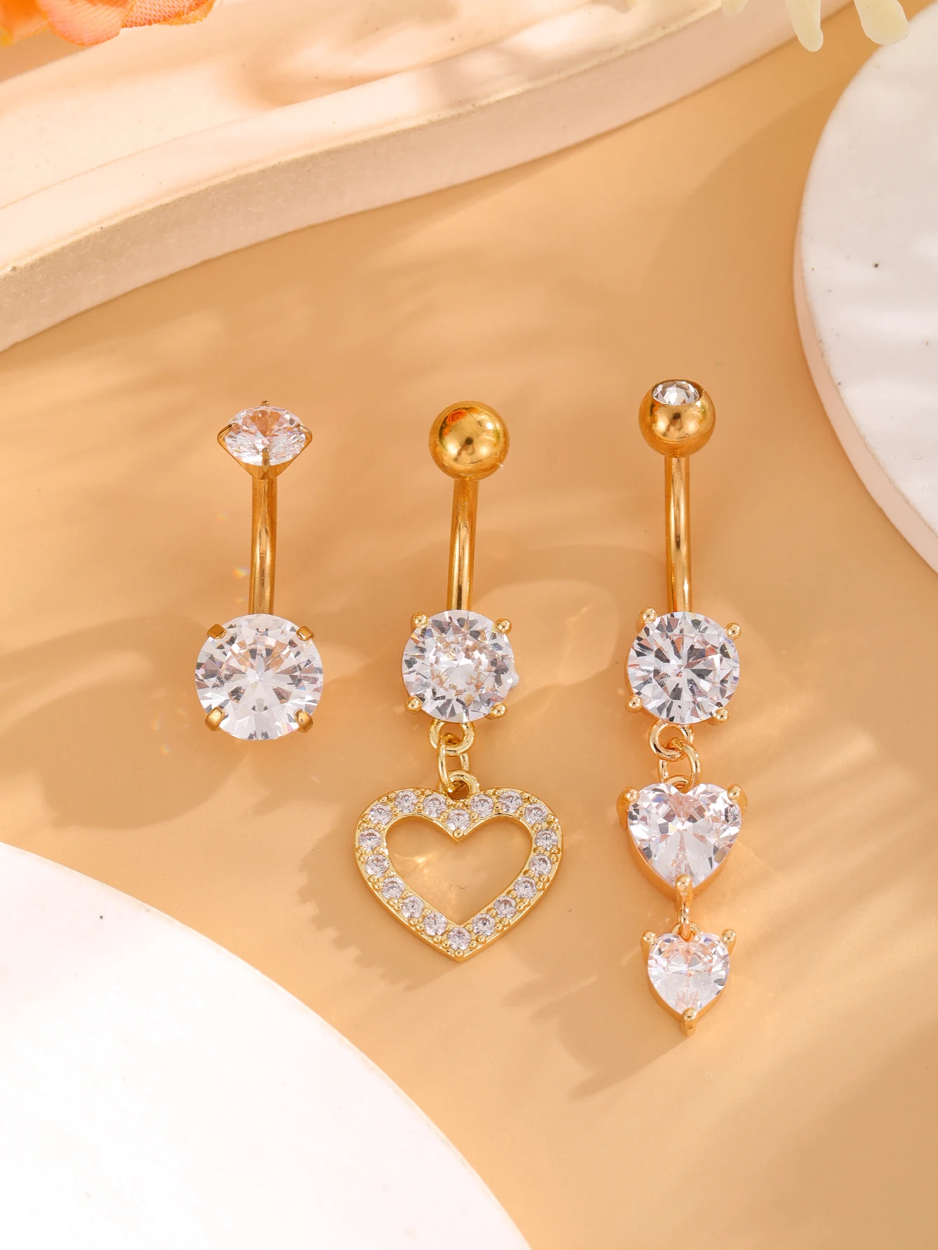 3er-Set gemischte Bauchnabelringe mit Herz- und Sternanhängern, 14G Edelstahl, gebogene Zirkonia-Bauchnabelpiercings, Nombril Nabelring – Detail 4