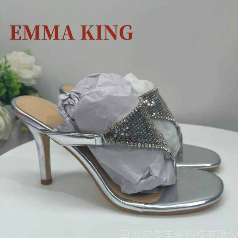 Silver Metallic Heels Open Toe Women's Mules Shoes Prom Thong Sandals Summer Fashion Thin Heeled Slide Sandals T-Strap Mules view 5