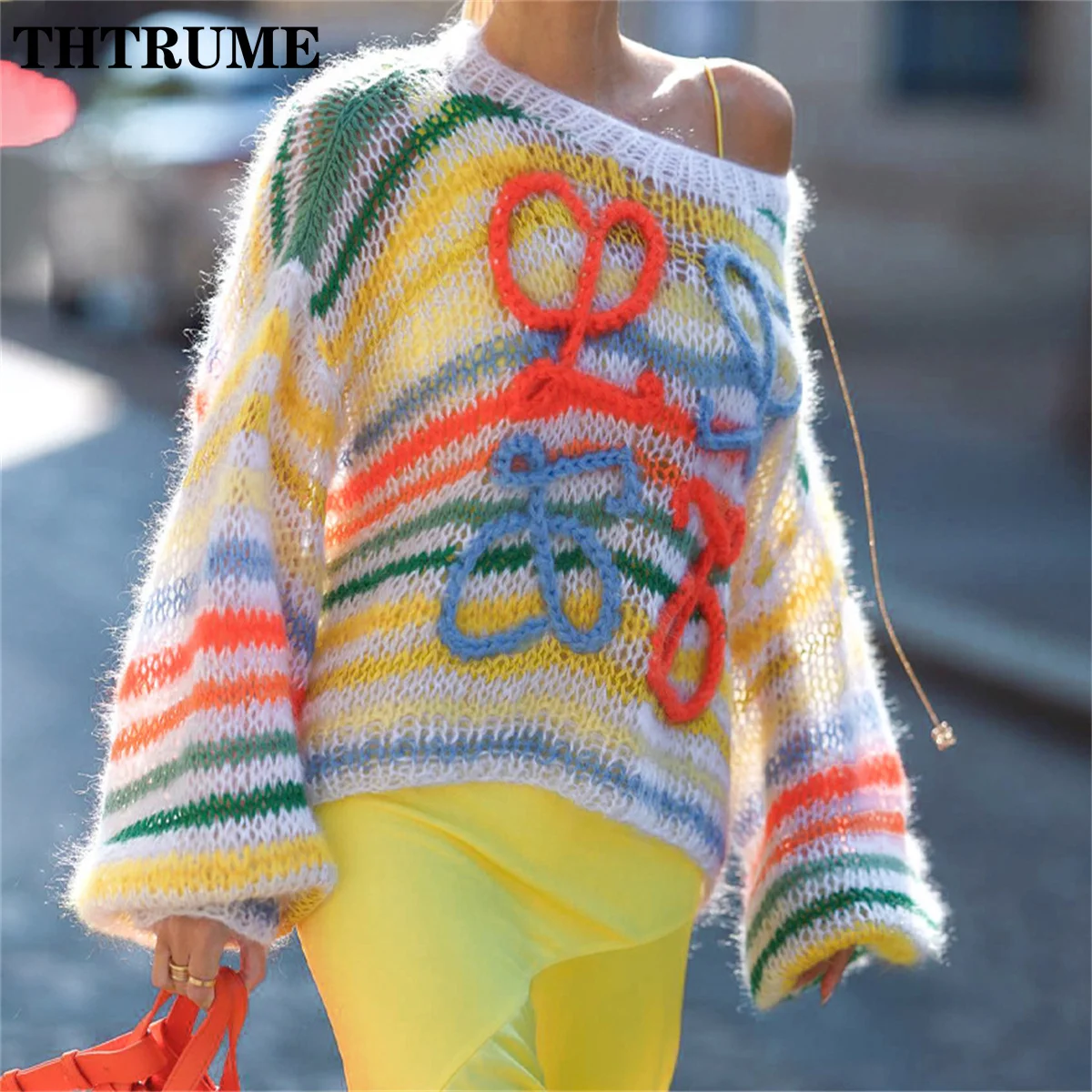 Autumn Winter Sweet Knit Sweaters Fashion Women Long Sleeve Round Neck Loose Jumpers Tops Casual Communte Rainbow New Pullovers